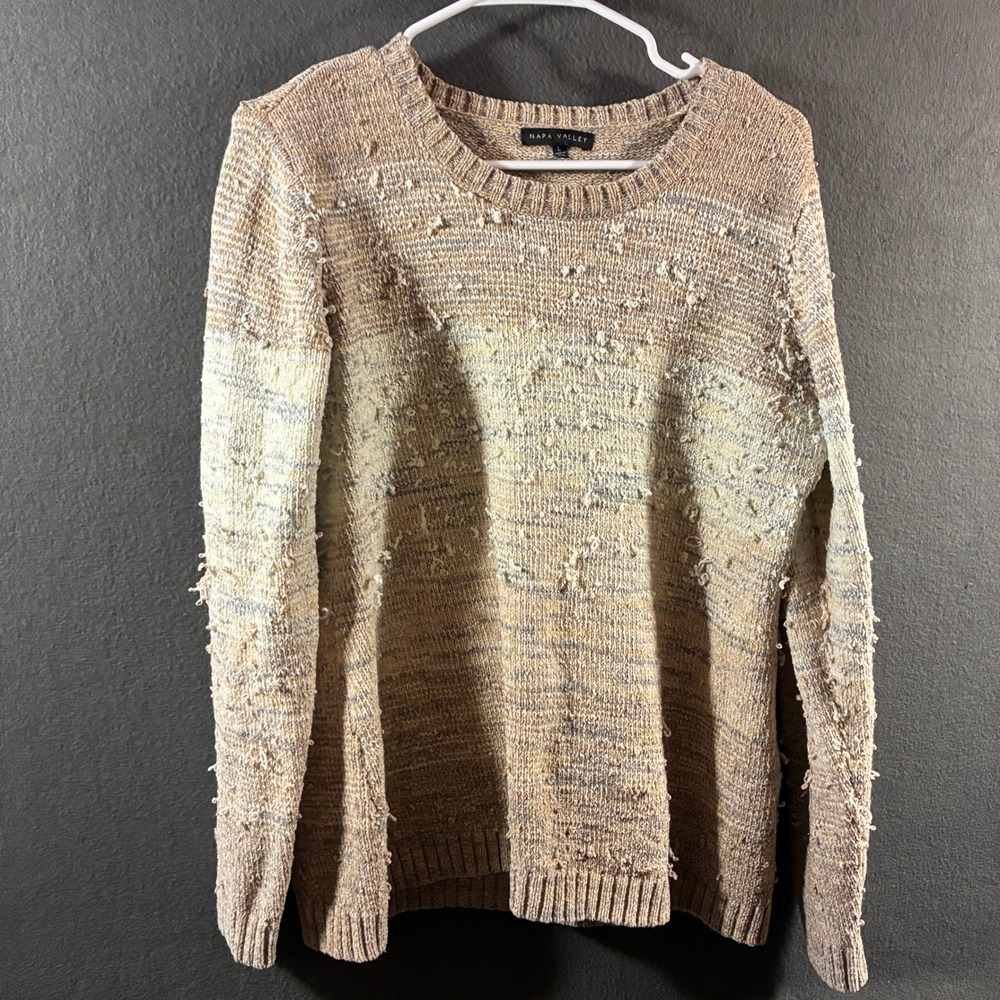 men grandpa Sweater large‎ brown slub knit chunky Crewneck Textured Striped Tan